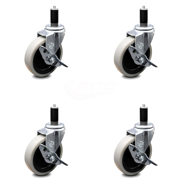 4 Inch Thermoplastic Wheel 1-1/4 Inch Expanding Stem Caster with Brakes, 4PK